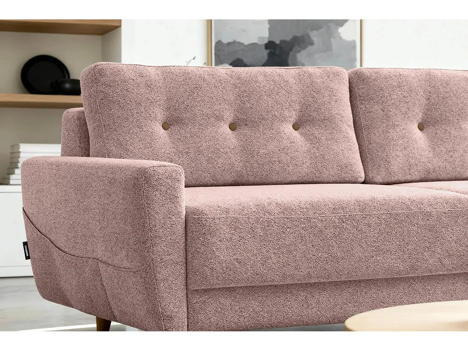 GASPARD - Canapé droit convertible tissu bouclette 3 places - Rose