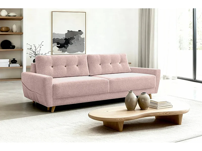 GASPARD - Canapé droit convertible tissu bouclette 3 places - Rose