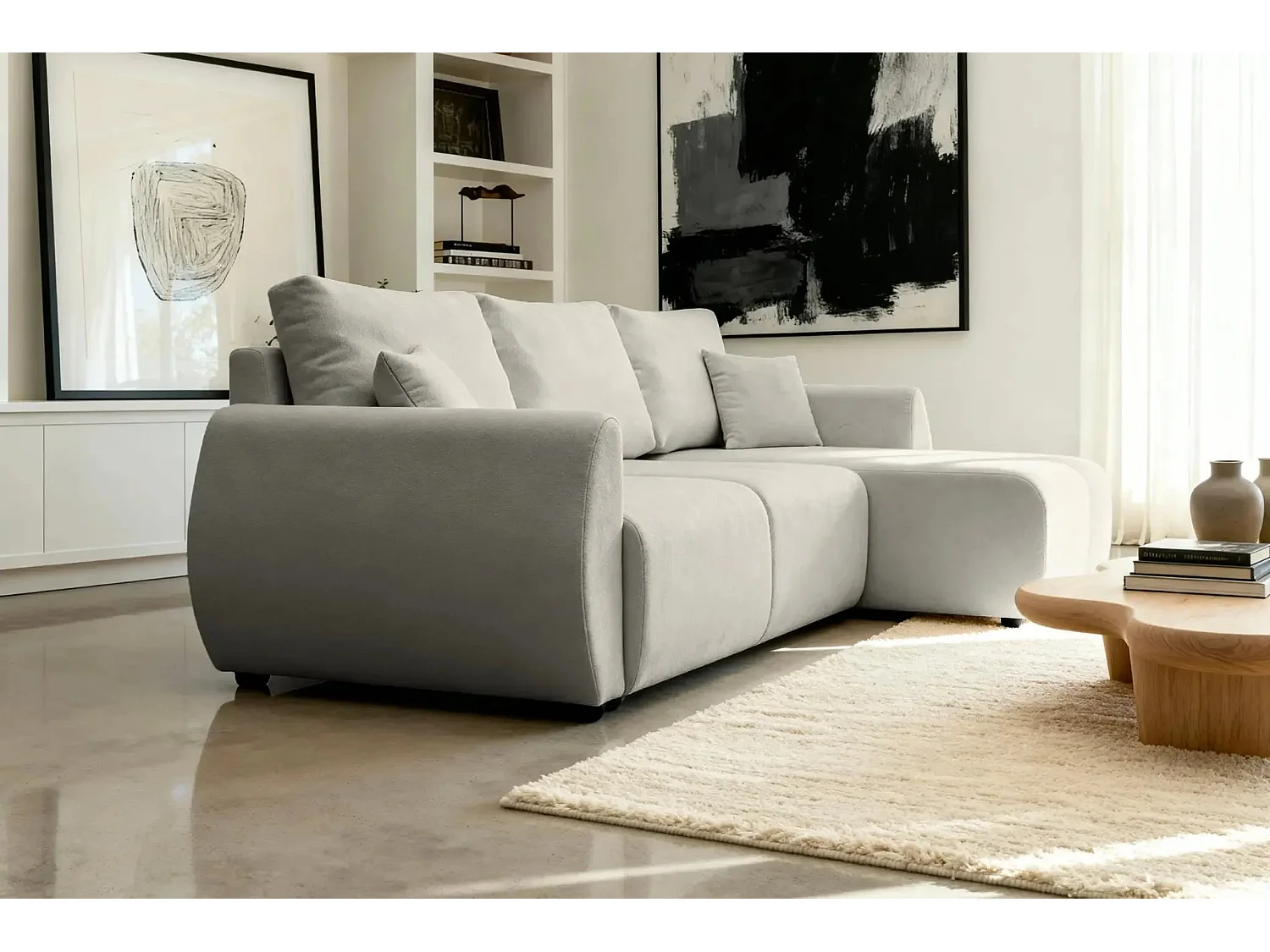 HERA - Canapé d'angle convertible tissu doux 3 places - Café clair