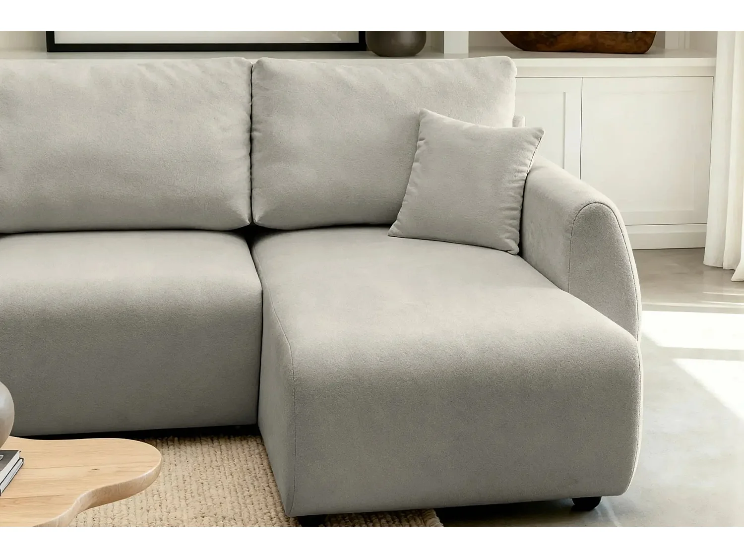 HERA - Canapé d'angle convertible tissu doux 3 places - Café clair