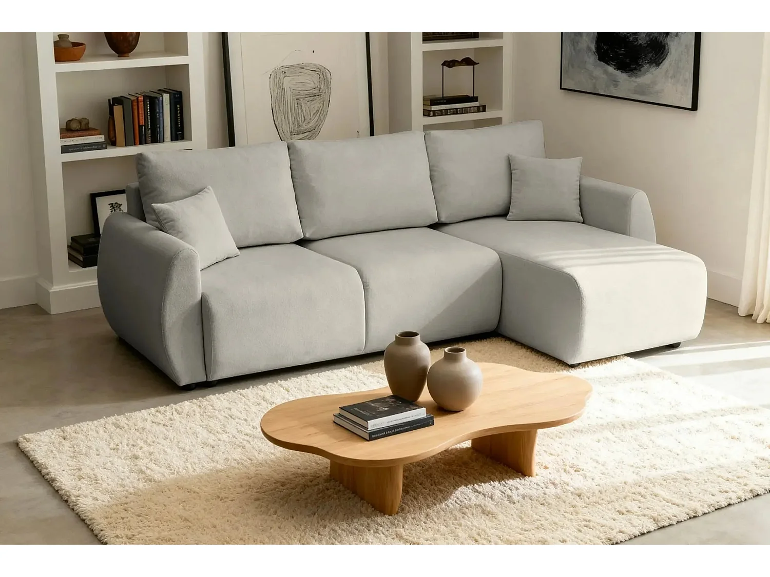 HERA - Canapé d'angle convertible tissu doux 3 places - Café clair