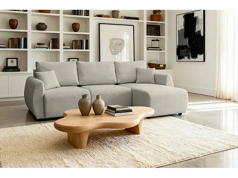 HERA - Canapé d'angle convertible tissu doux 3 places - Café clair