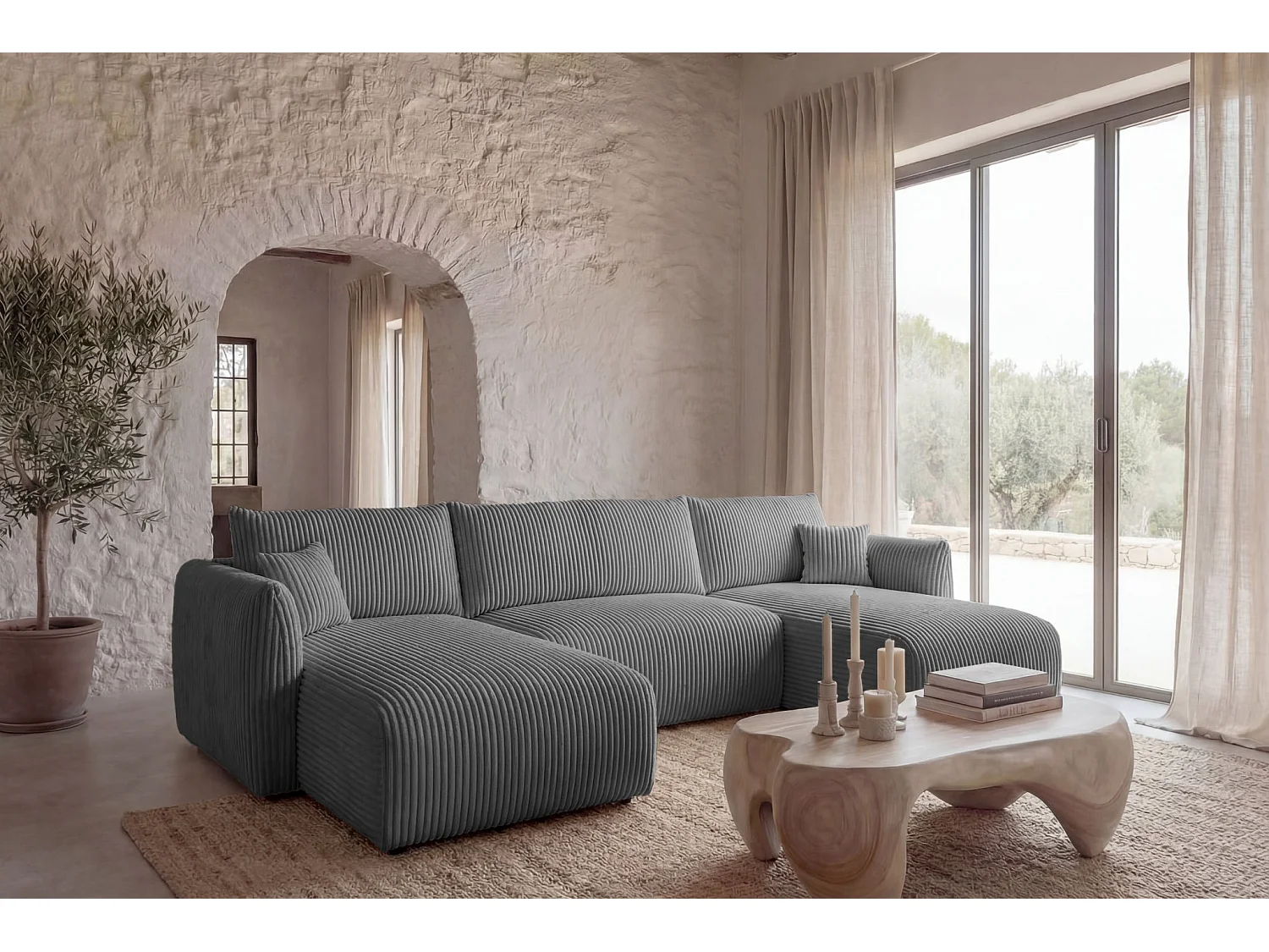 ELIO - Canapé panoramique convertible gros velours côtelé 5 places - Gris foncé