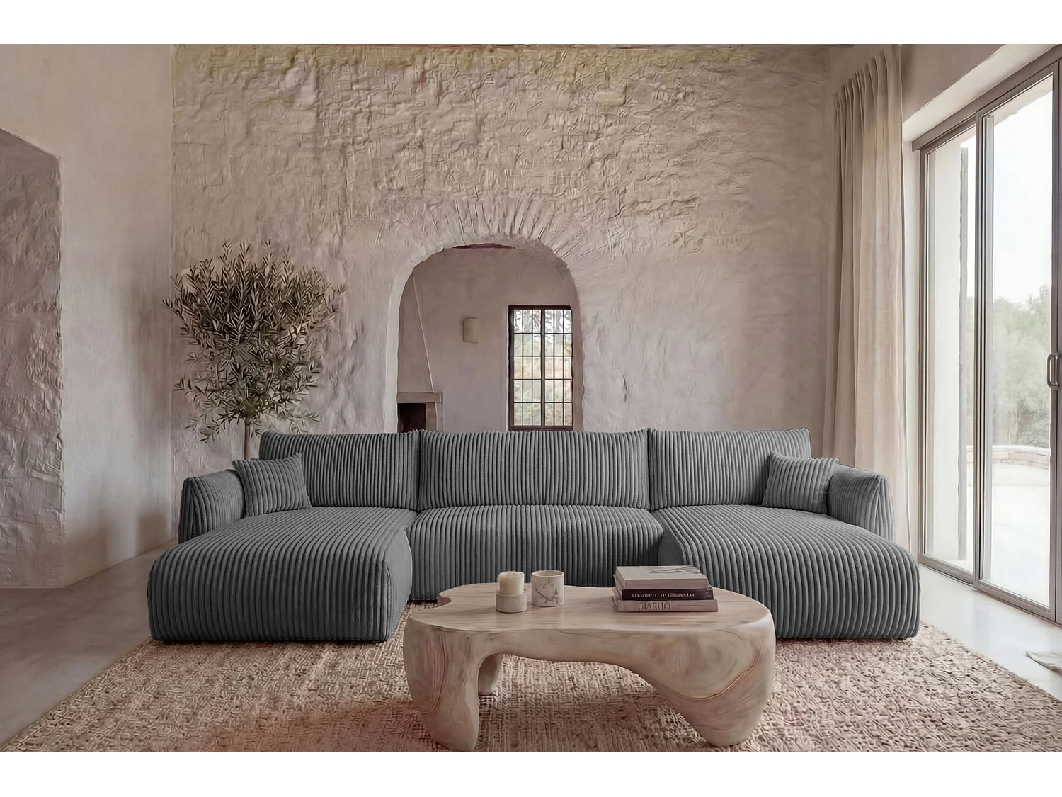 ELIO - Canapé panoramique convertible gros velours côtelé 5 places - Gris foncé