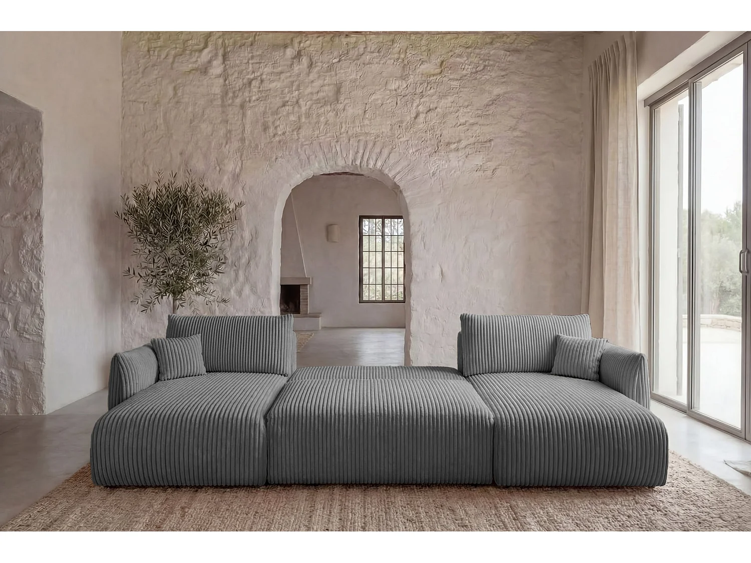 ELIO - Canapé panoramique convertible gros velours côtelé 5 places - Gris foncé