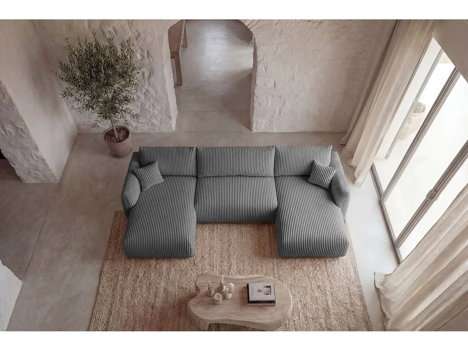 ELIO - Canapé panoramique convertible gros velours côtelé 5 places - Gris foncé