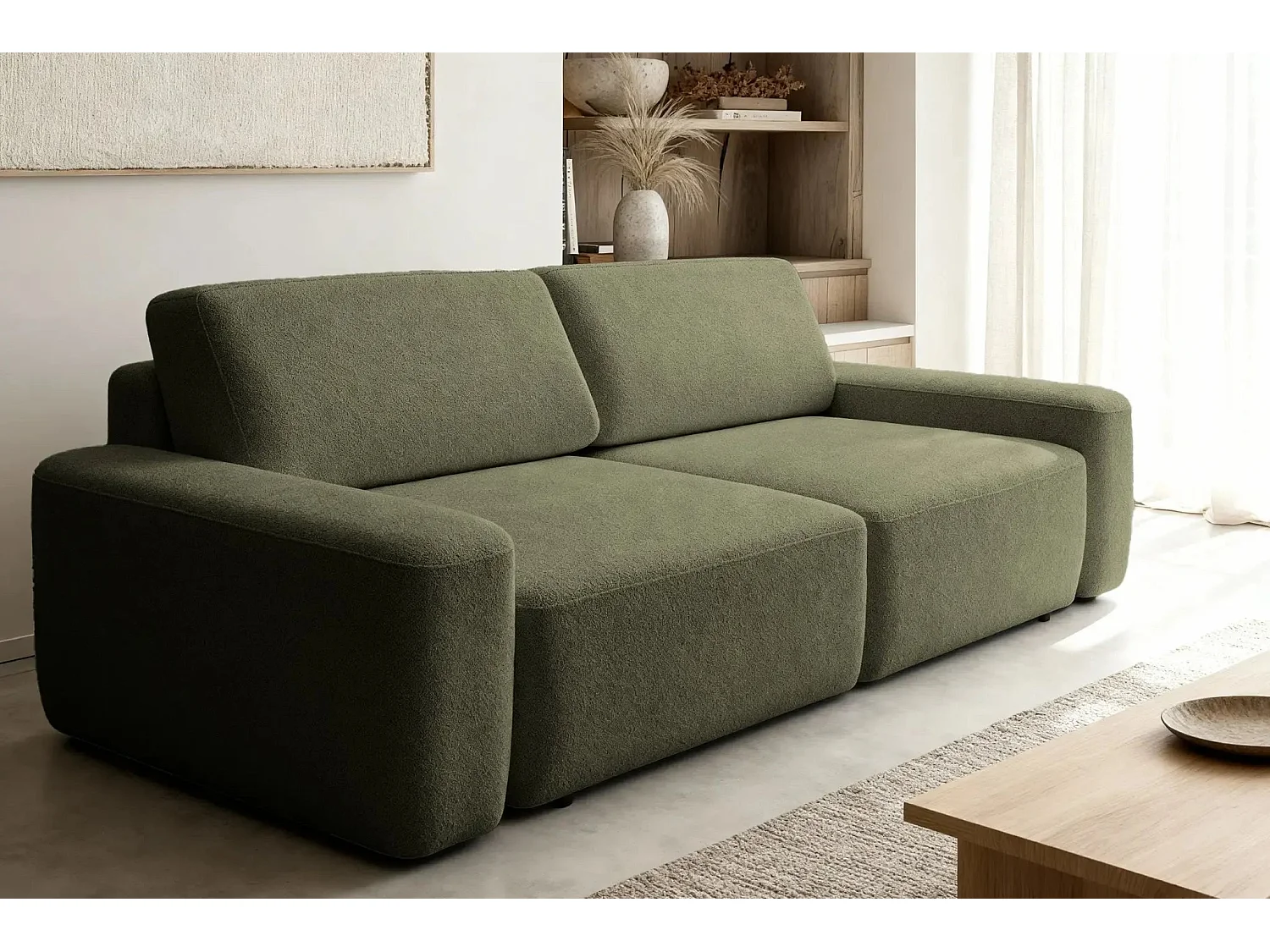 IVY - Canapé droit convertible coffre tissu chiné 3 places - Vert olive