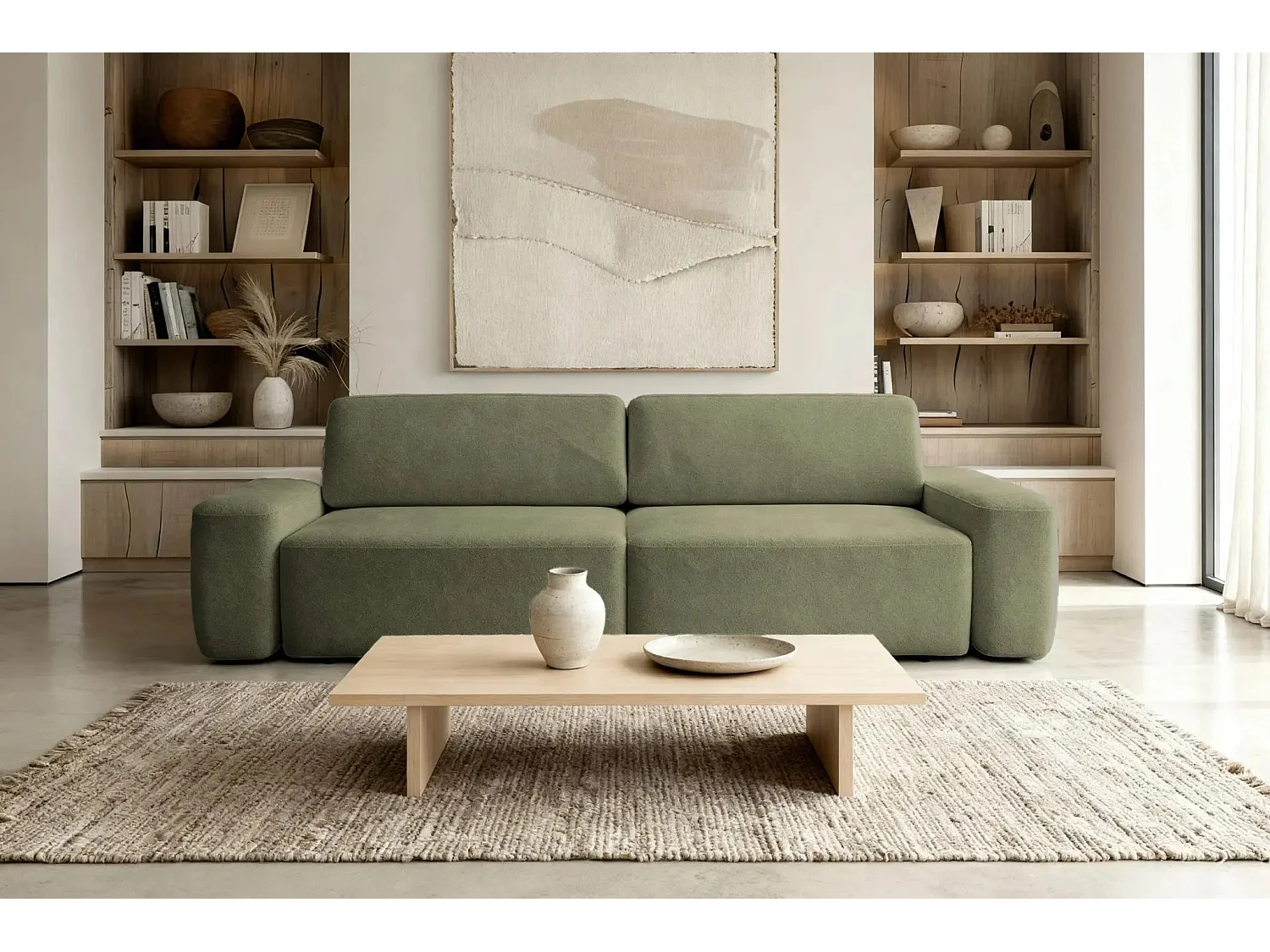 IVY - Canapé droit convertible coffre tissu chiné 3 places - Vert olive