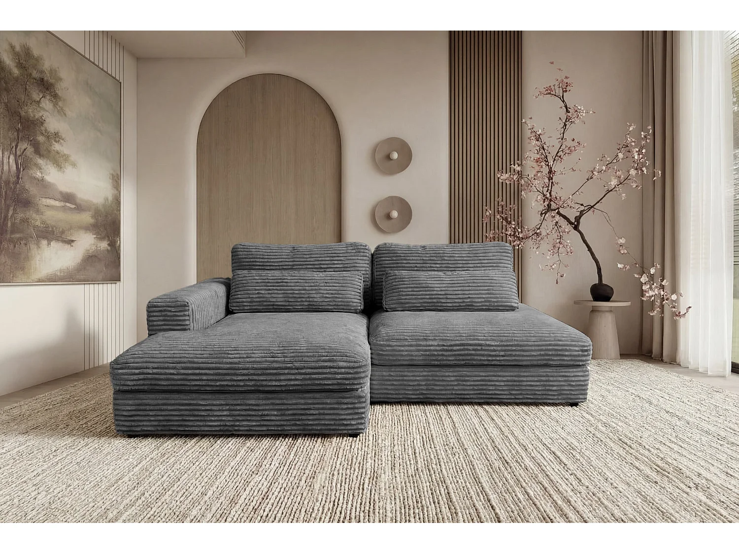 AGATHE - Canapé d'angle convertible gros velours côtelé 4 places - Gris foncé - Gauche