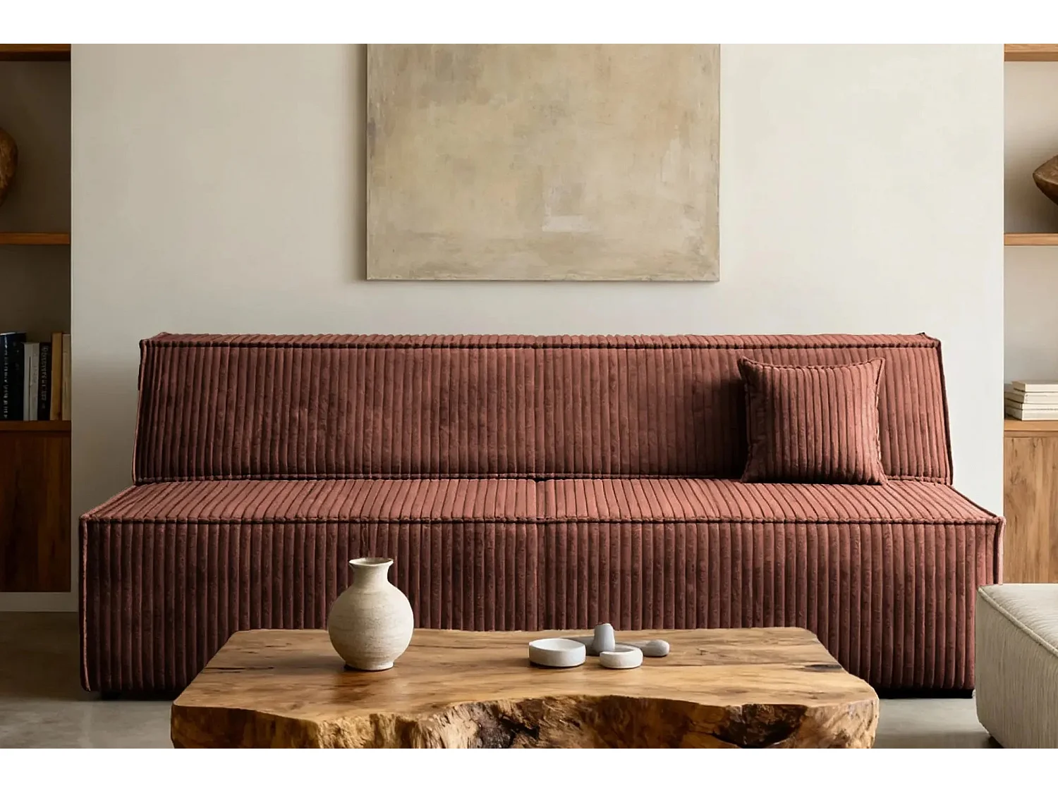 BURANO - Canapé droit convertible velours côtelé 2 places - Terracotta