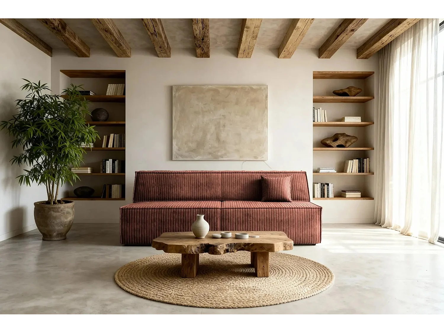 BURANO - Canapé droit convertible velours côtelé 2 places - Terracotta