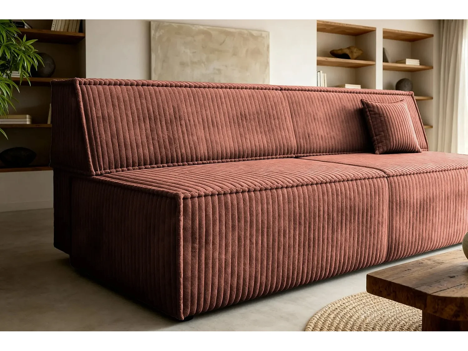 BURANO - Canapé droit convertible velours côtelé 2 places - Terracotta
