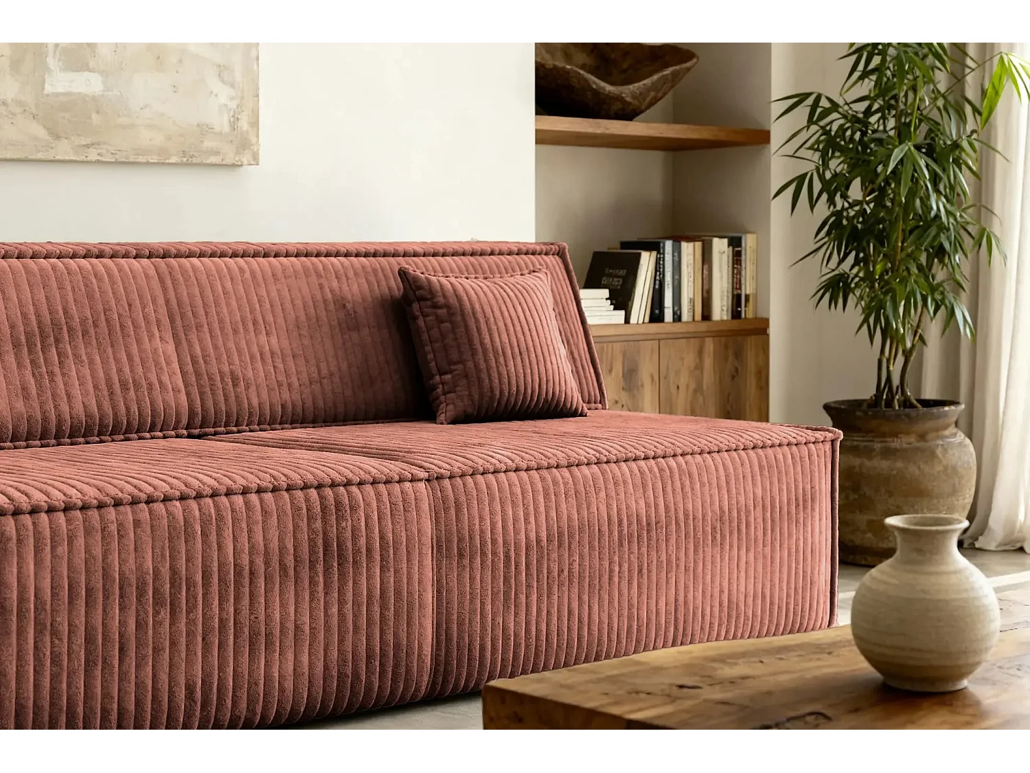 BURANO - Canapé droit convertible velours côtelé 2 places - Terracotta