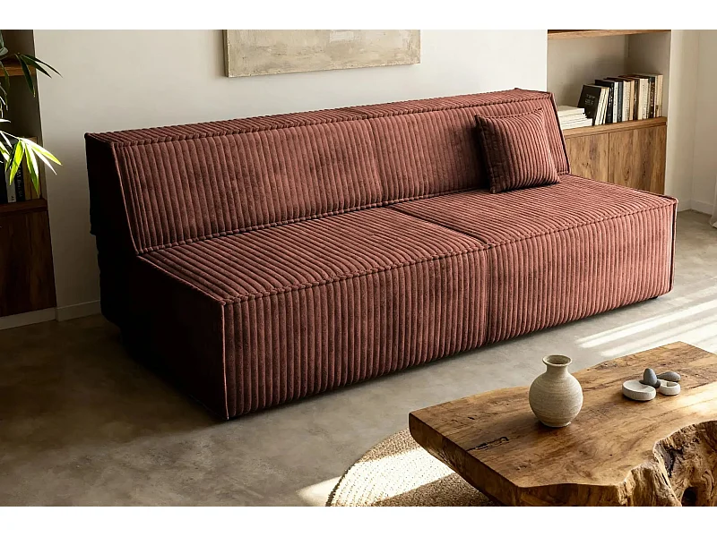 BURANO - Canapé droit convertible velours côtelé 2 places - Terracotta