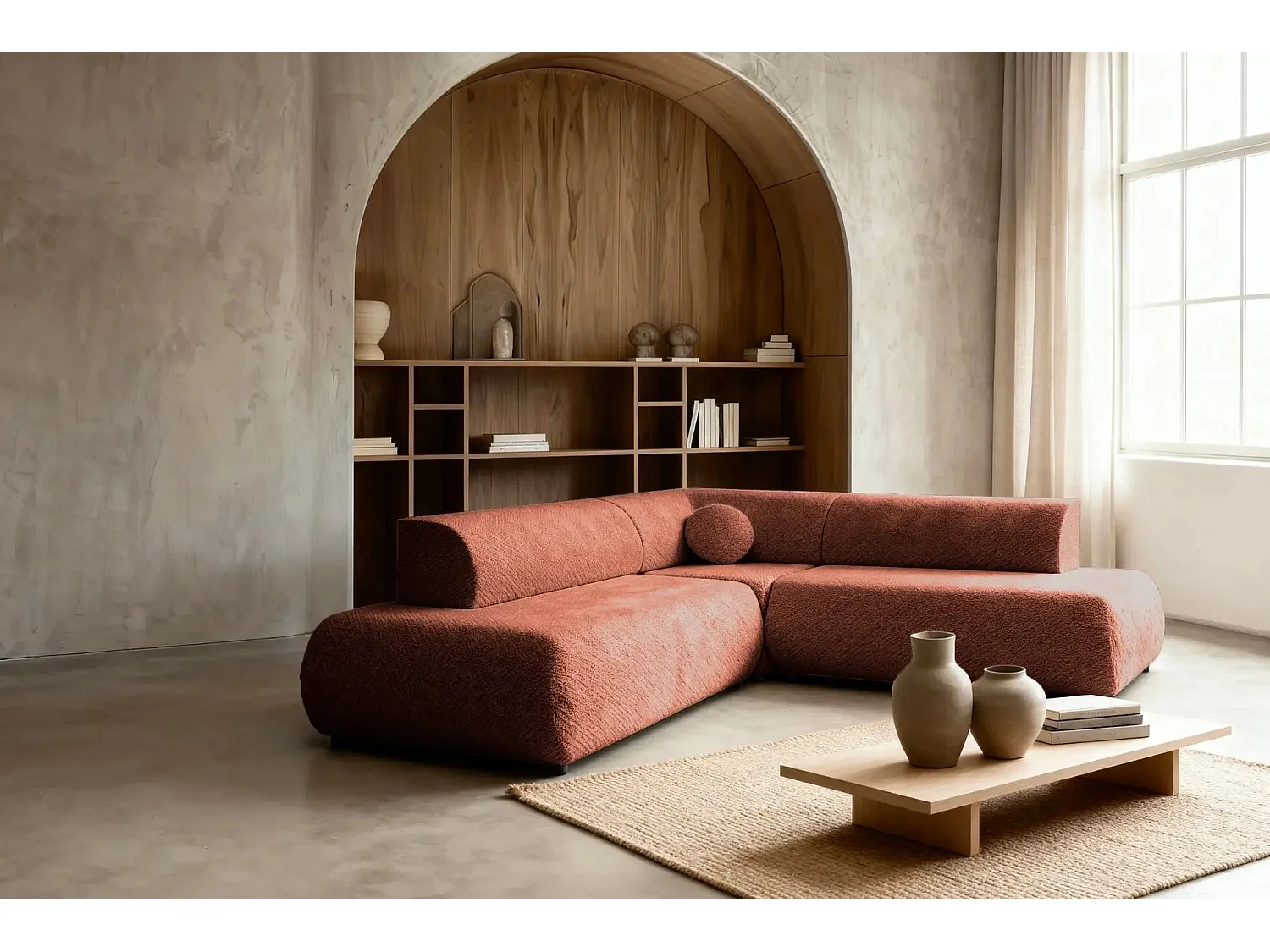 LEVI - Canapé panoramique convertible tissu lisse 5 places - Terracotta - Gauche