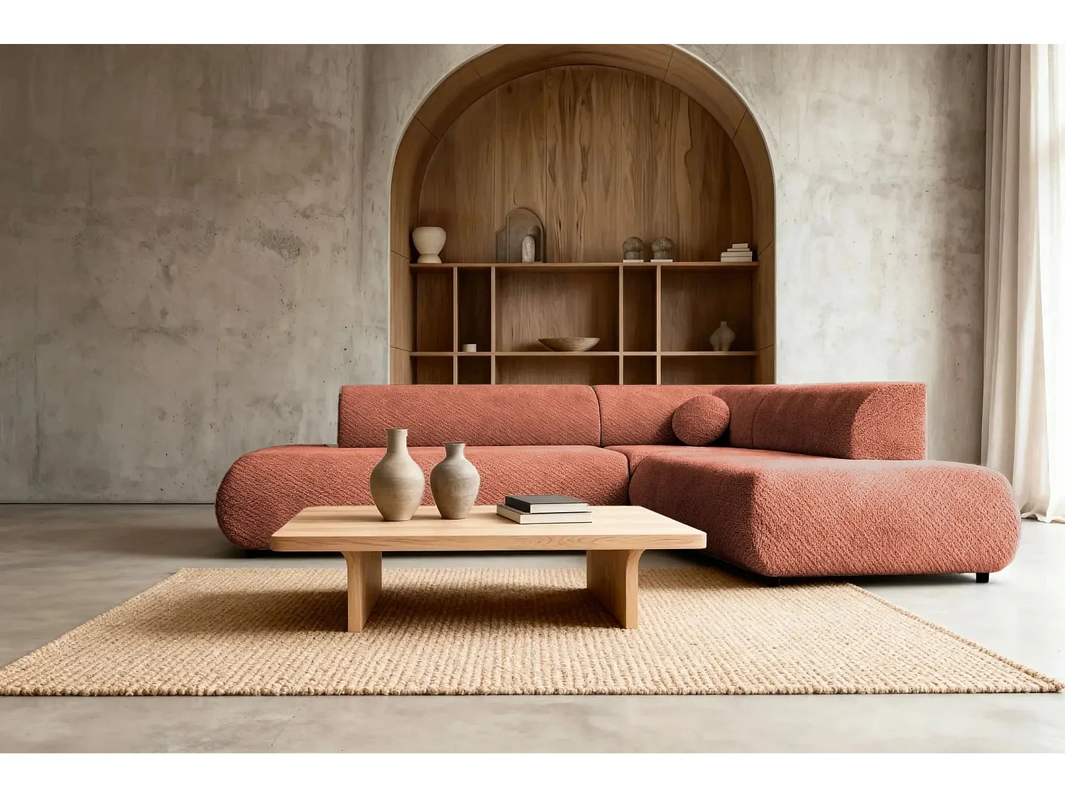 LEVI - Canapé panoramique convertible tissu lisse 5 places - Terracotta - Gauche