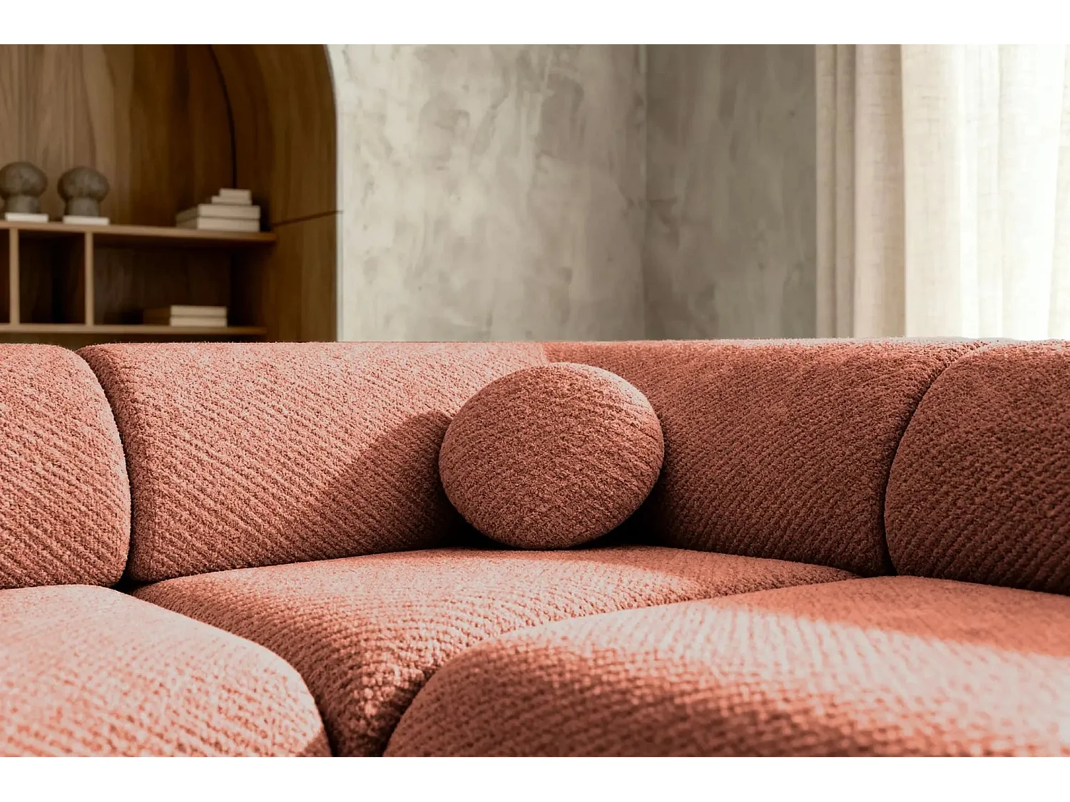 LEVI - Canapé panoramique convertible tissu lisse 5 places - Terracotta - Gauche