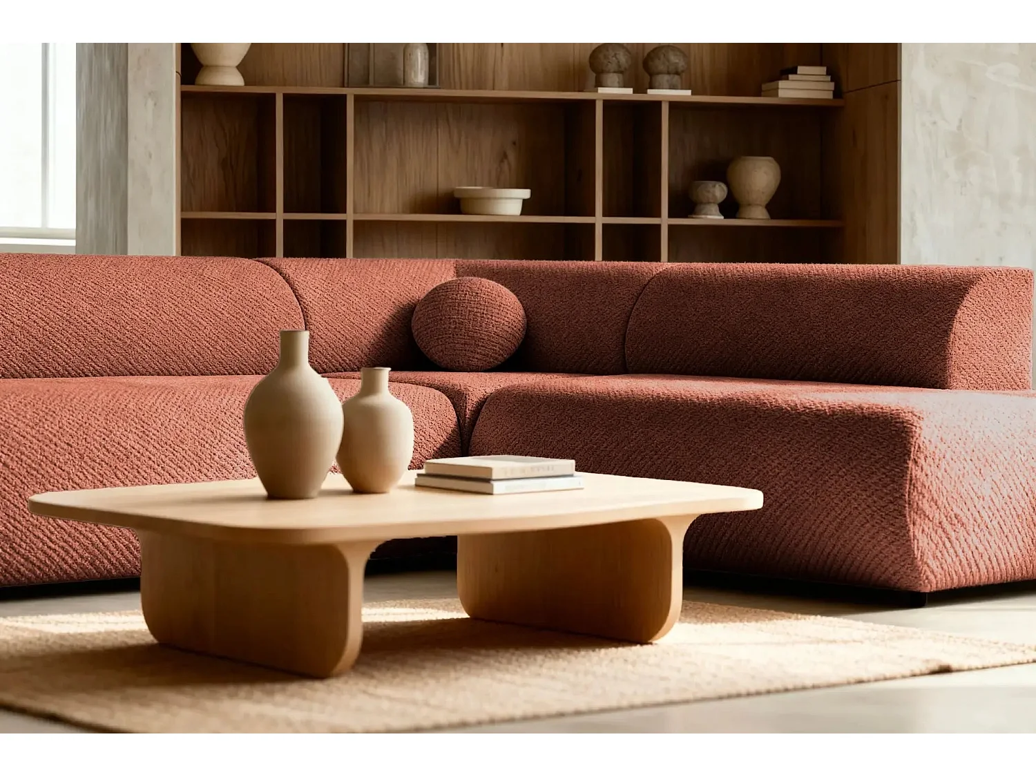 LEVI - Canapé panoramique convertible tissu lisse 5 places - Terracotta - Gauche