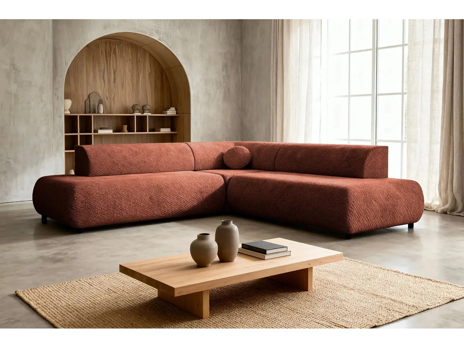 LEVI - Canapé panoramique convertible tissu lisse 5 places - Terracotta - Gauche