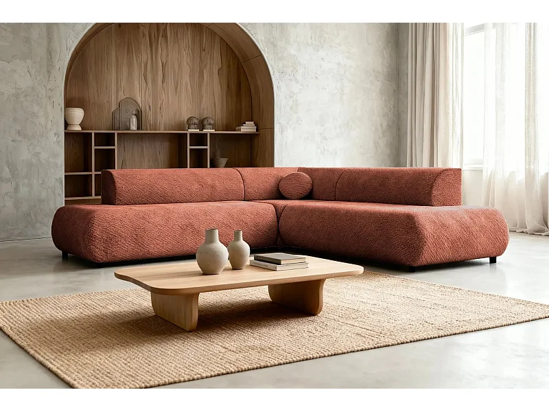 LEVI - Canapé panoramique convertible tissu lisse 5 places - Terracotta - Gauche