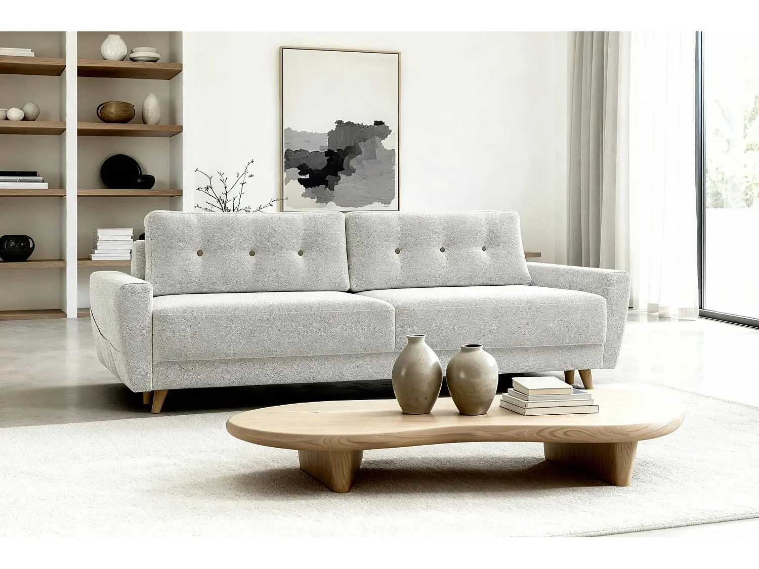 GASPARD - Canapé droit convertible tissu bouclette 3 places - Beige