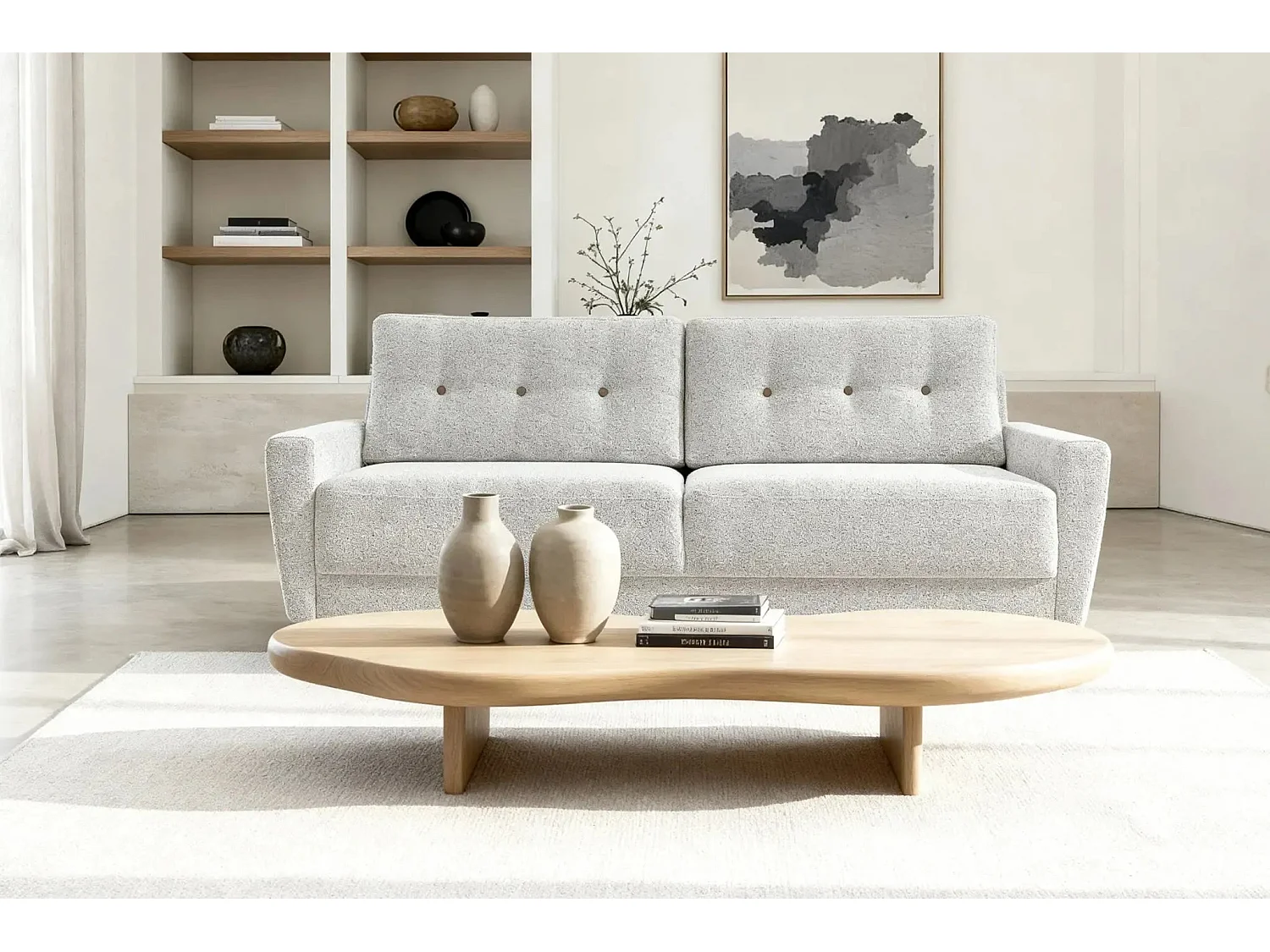 GASPARD - Canapé droit convertible tissu bouclette 3 places - Beige