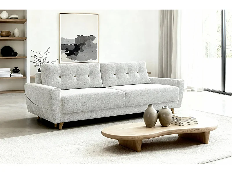 GASPARD - Canapé droit convertible tissu bouclette 3 places - Beige