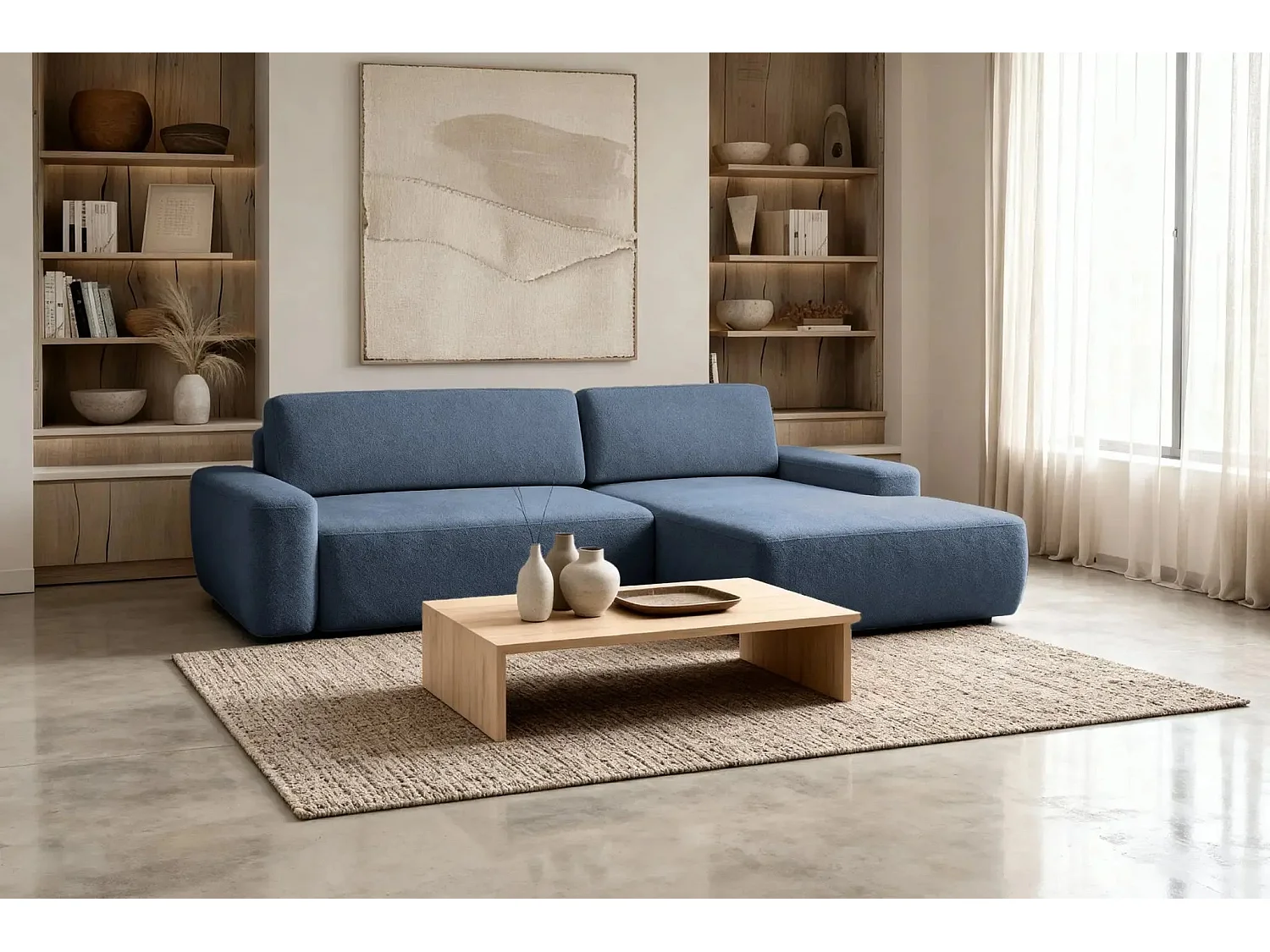 IVY - Canapé d'angle convertible tissu chiné 4 places - Bleu - Gauche