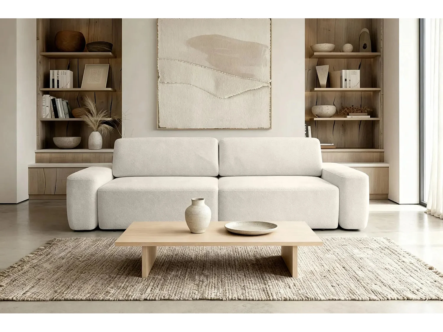 IVY - Canapé droit convertible coffre tissu chiné 3 places - Beige