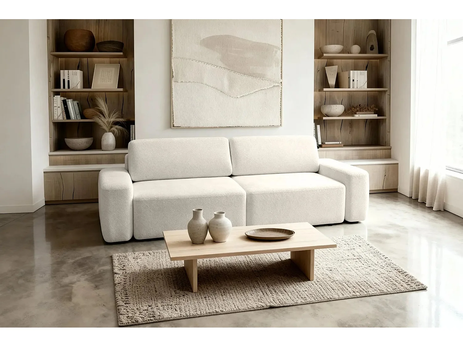 IVY - Canapé droit convertible coffre tissu chiné 3 places - Beige