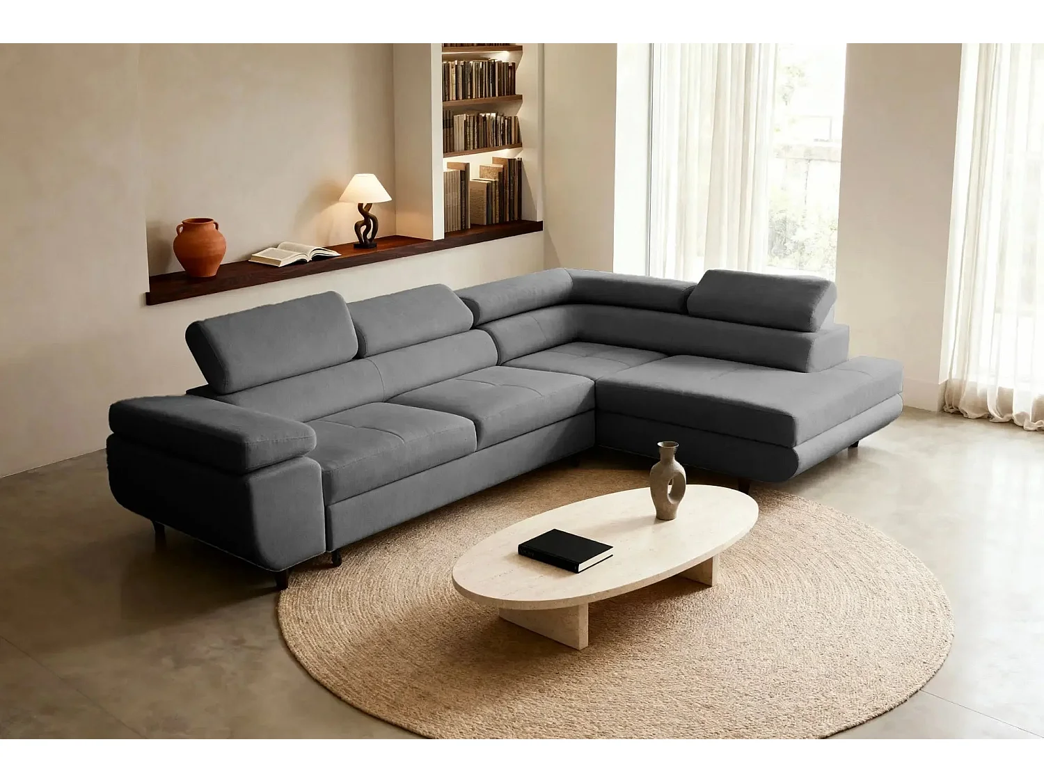 CHARLIE L - Canapé d'angle convertible tissu lisse 4 places - Gris foncé - Droit