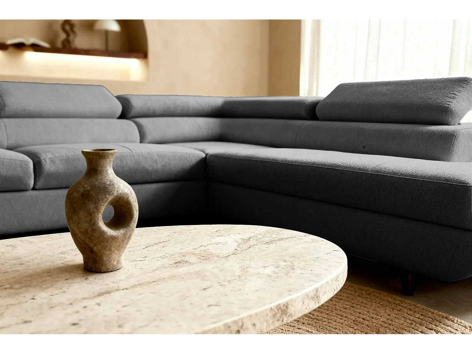 CHARLIE L - Canapé d'angle convertible tissu lisse 4 places - Gris foncé - Droit