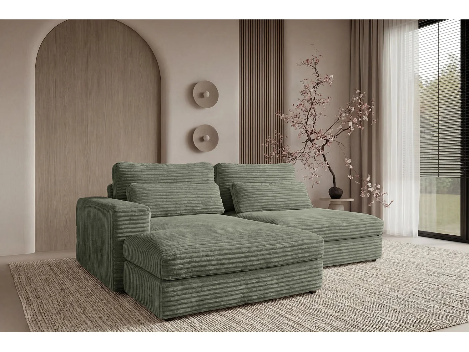 AGATHE - Canapé d'angle convertible gros velours côtelé 4 places - Vert - Gauche