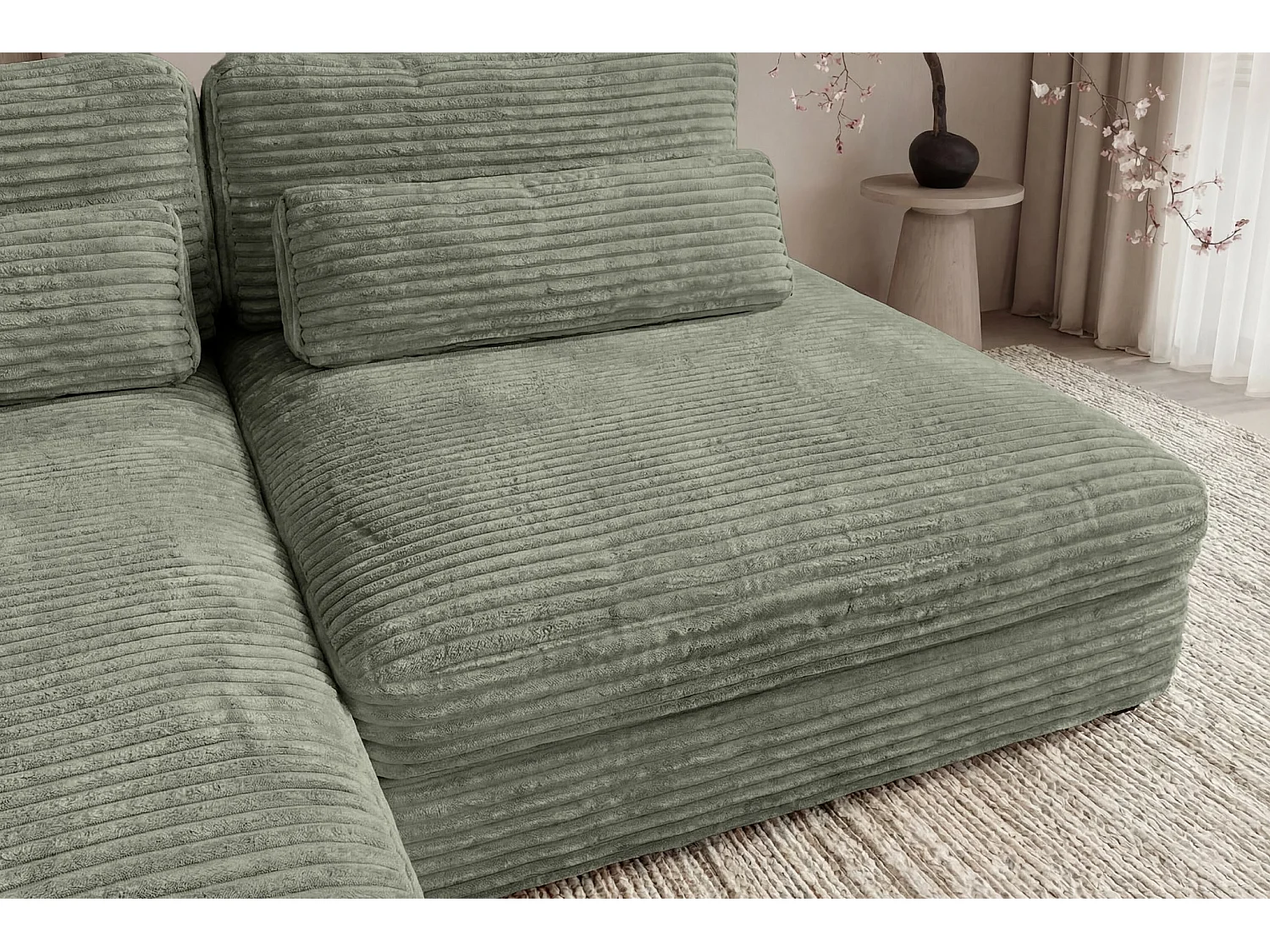 AGATHE - Canapé d'angle convertible gros velours côtelé 4 places - Vert - Gauche