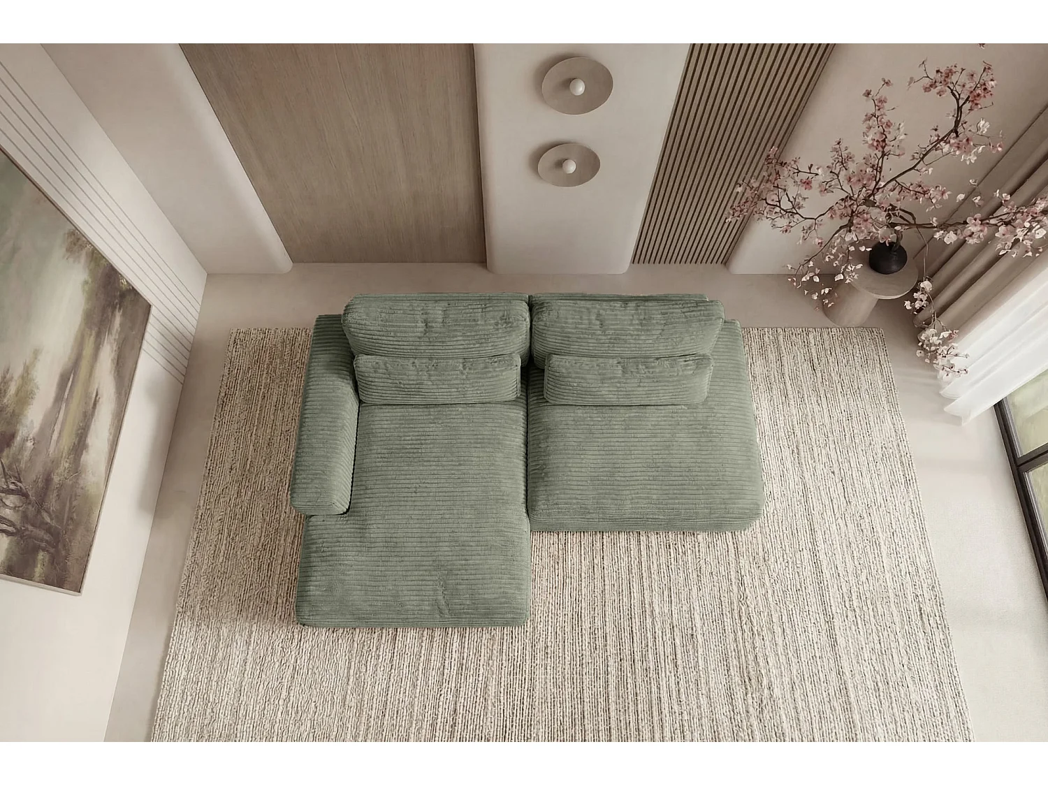 AGATHE - Canapé d'angle convertible gros velours côtelé 4 places - Vert - Gauche