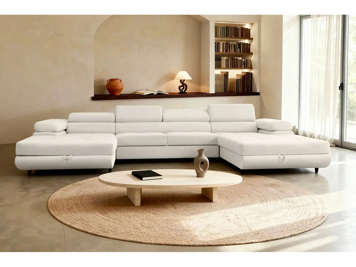 CHARLIE - Canapé panoramique convertible tissu chiné 5 places - Beige