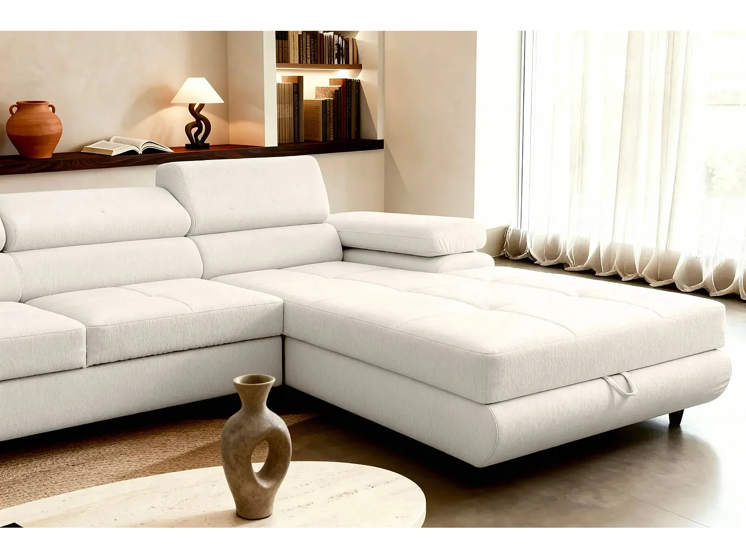 CHARLIE - Canapé panoramique convertible tissu chiné 5 places - Beige