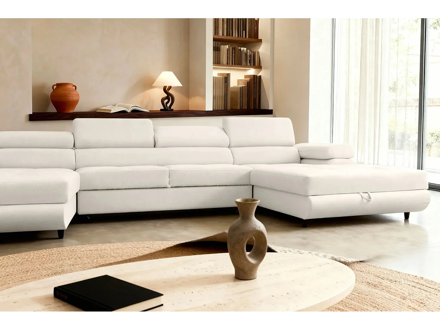 CHARLIE - Canapé panoramique convertible tissu chiné 5 places - Beige