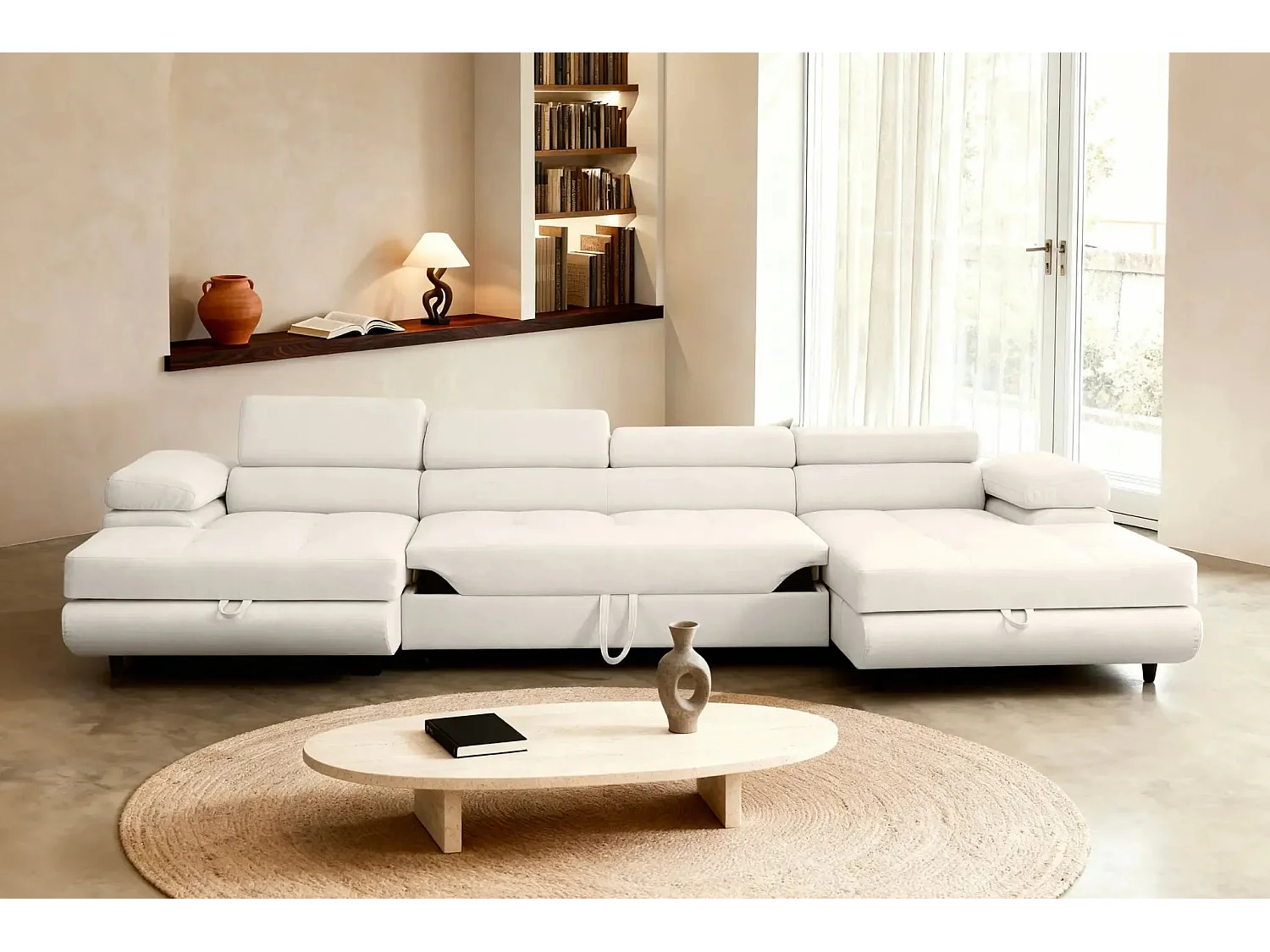 CHARLIE - Canapé panoramique convertible tissu chiné 5 places - Beige