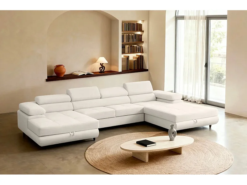 CHARLIE - Canapé panoramique convertible tissu chiné 5 places - Beige