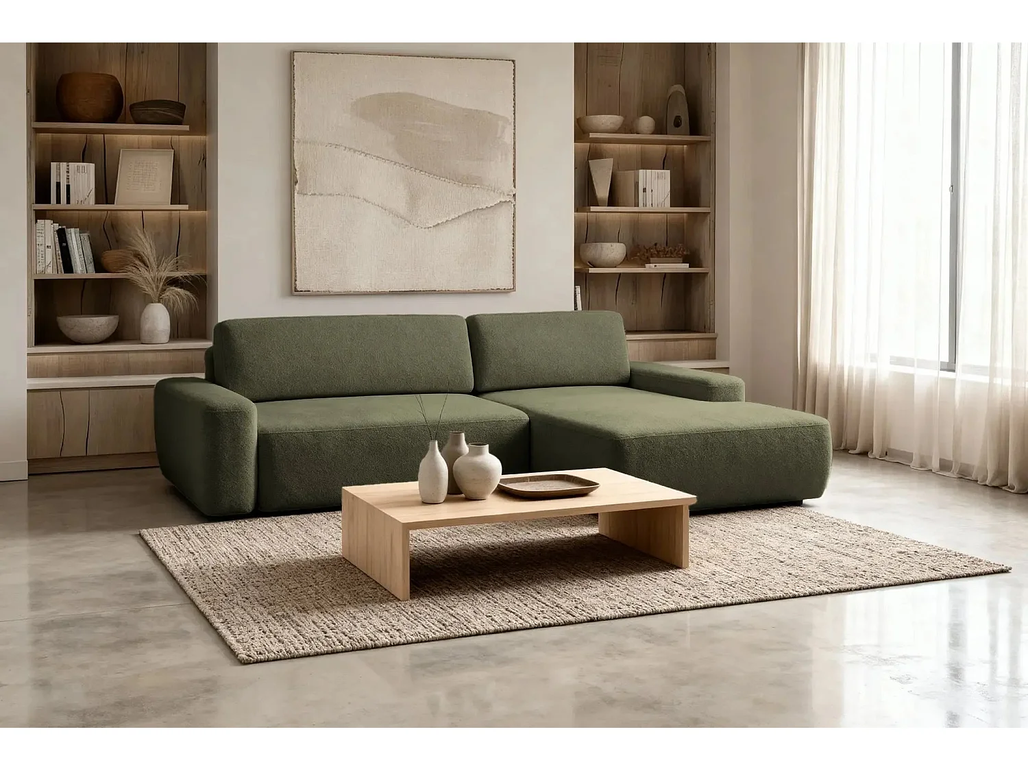 IVY - Canapé d'angle convertible tissu chiné 4 places - Vert olive - Gauche