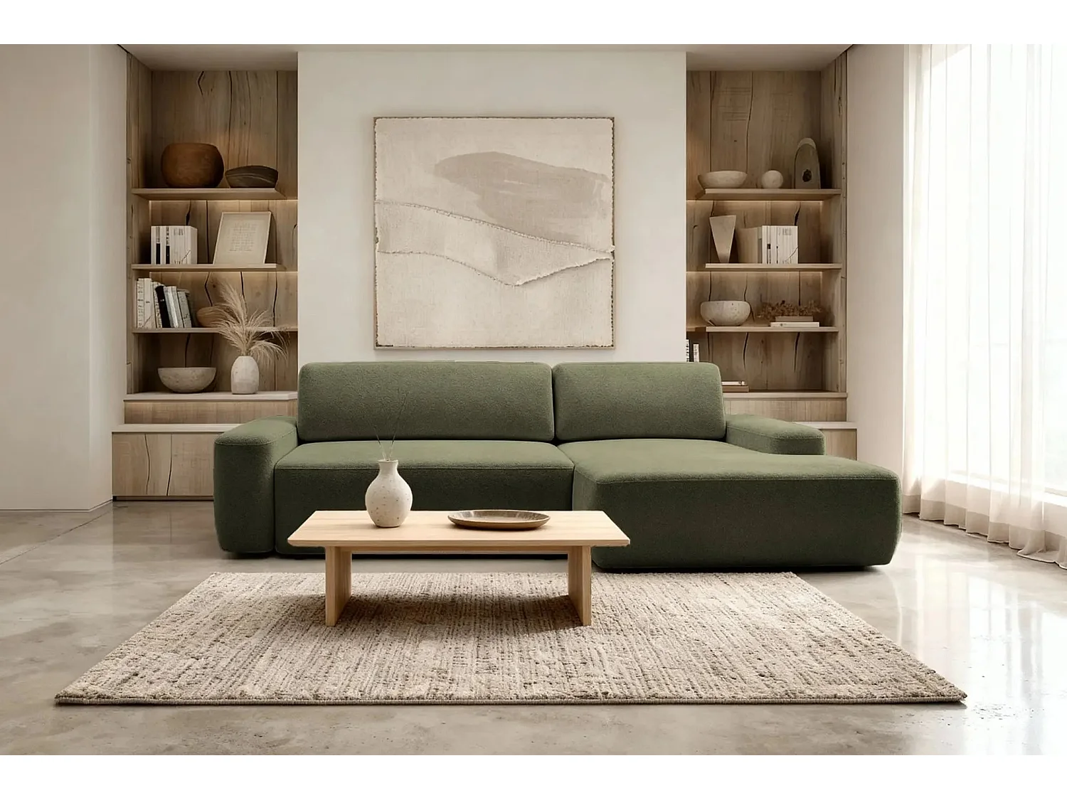 IVY - Canapé d'angle convertible tissu chiné 4 places - Vert olive - Gauche