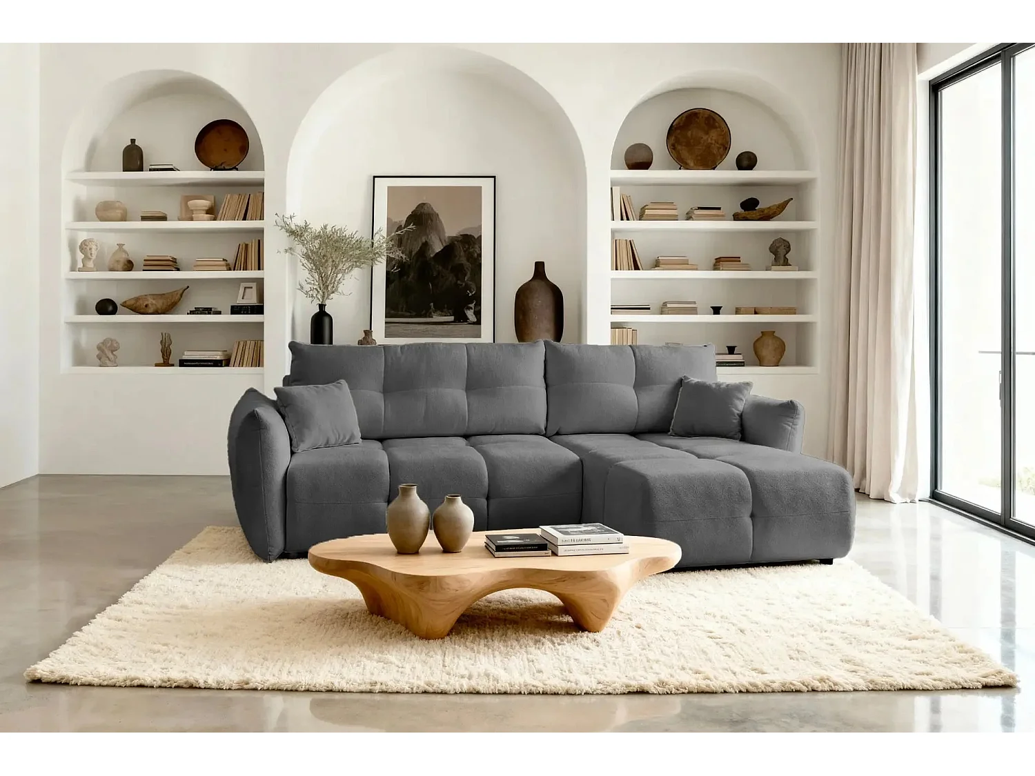 JUNE - Canapé d'angle convertible tissu bouclette 3 places - Gris foncé