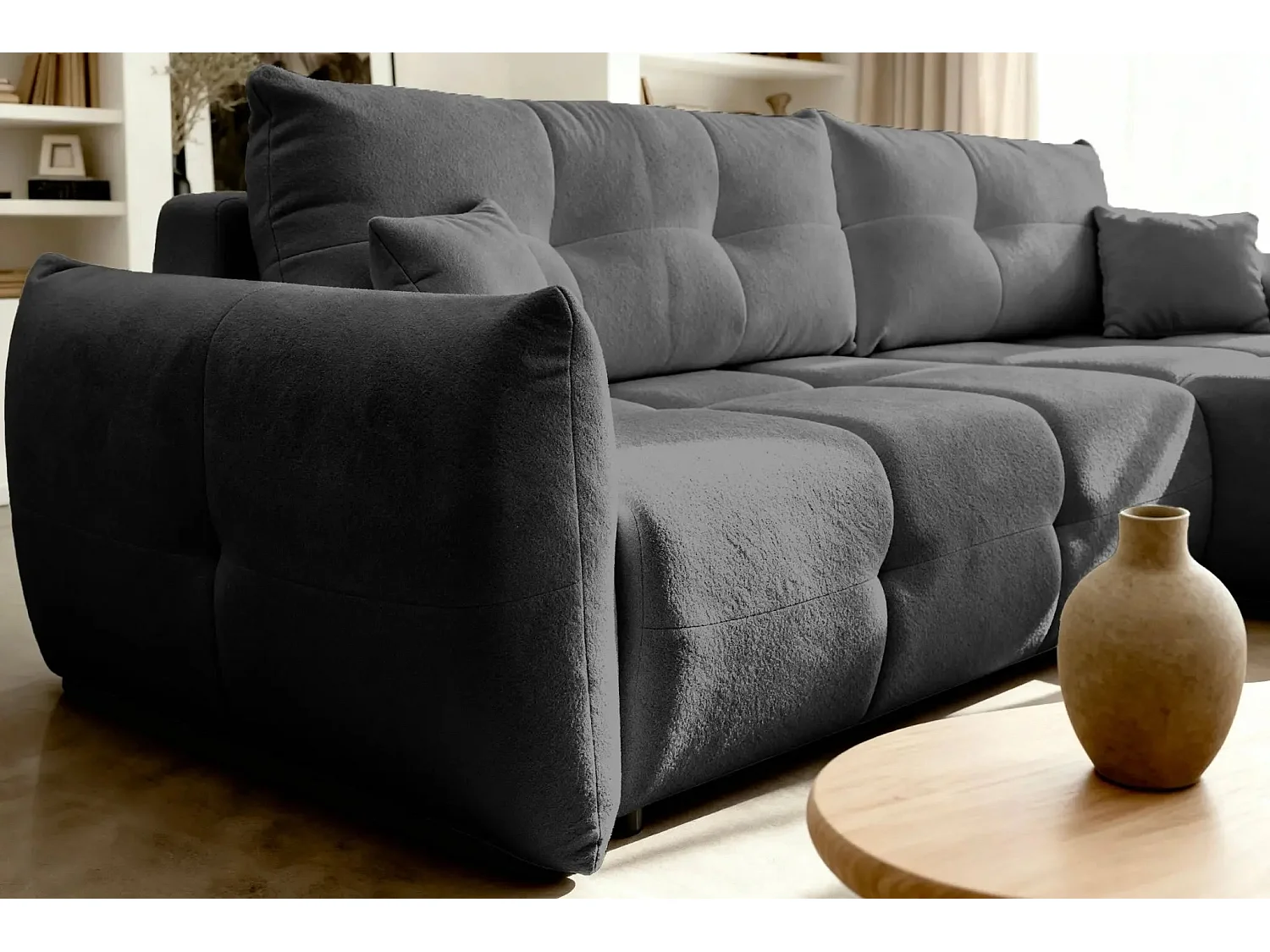 JUNE - Canapé d'angle convertible tissu bouclette 3 places - Gris foncé