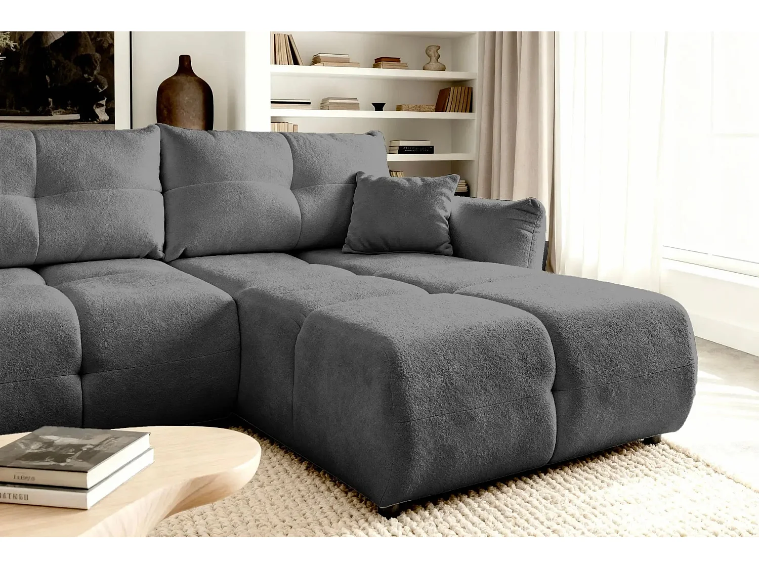 JUNE - Canapé d'angle convertible tissu bouclette 3 places - Gris foncé