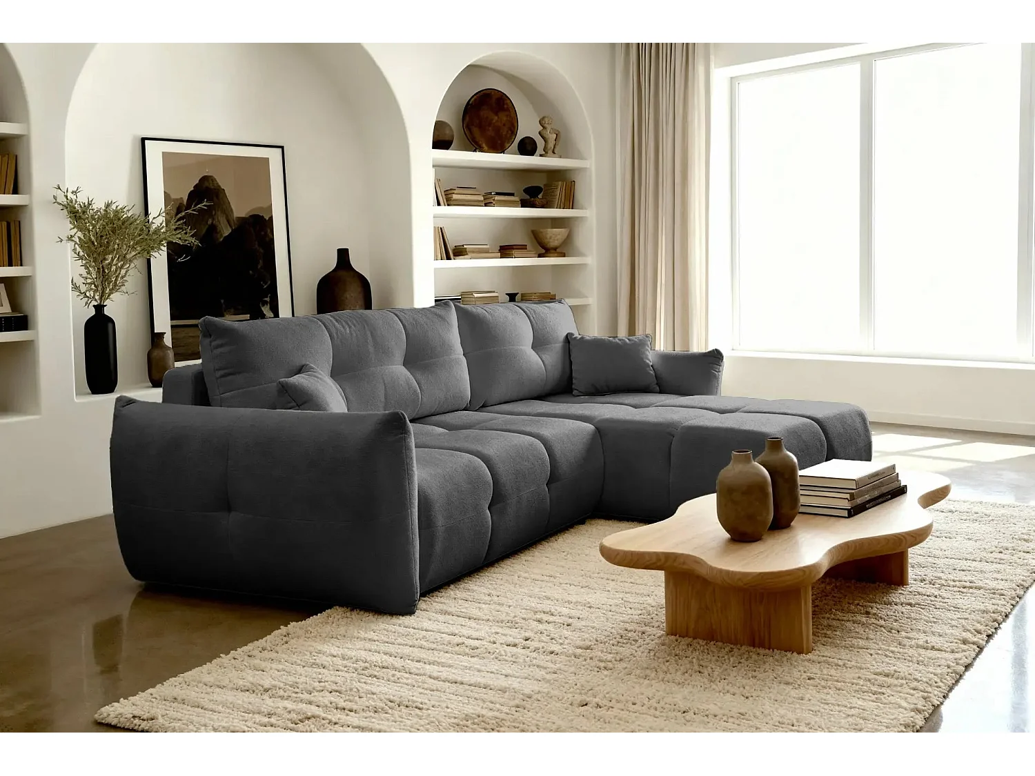 JUNE - Canapé d'angle convertible tissu bouclette 3 places - Gris foncé