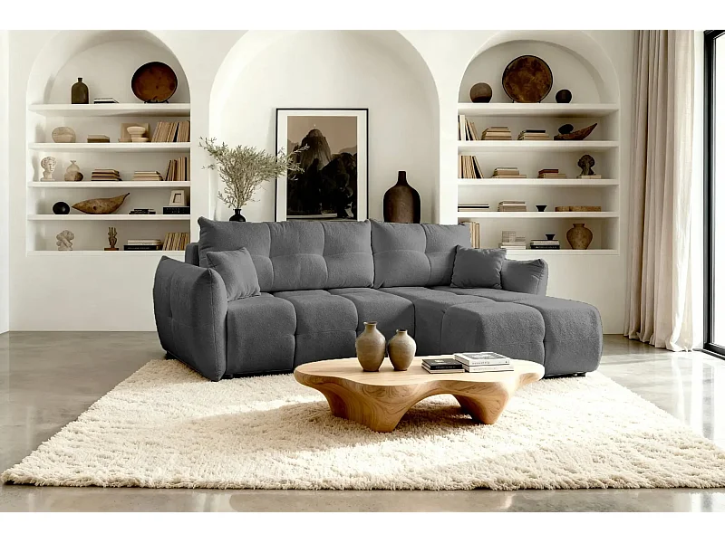 JUNE - Canapé d'angle convertible tissu bouclette 3 places - Gris foncé