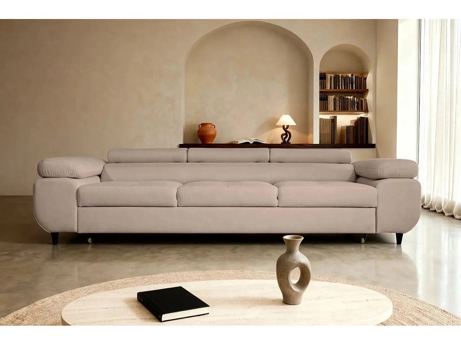 CHARLIE - Canapé droit convertible tissu chiné 3 places - Café