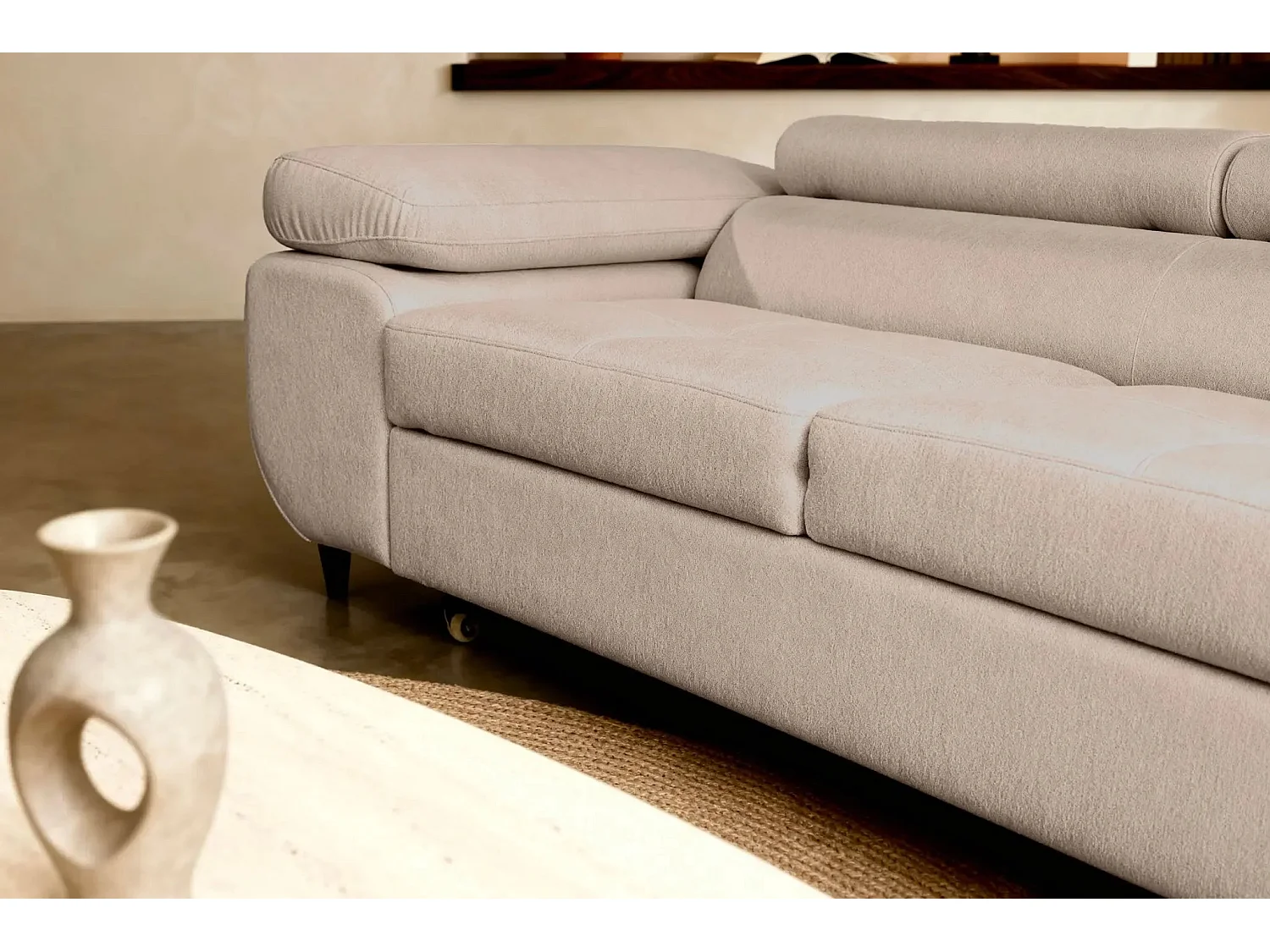 CHARLIE - Canapé droit convertible tissu chiné 3 places - Café