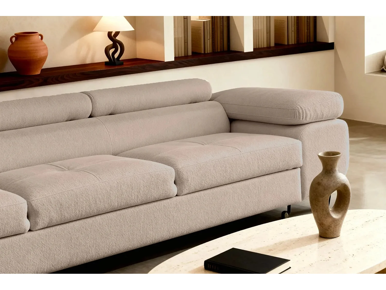 CHARLIE - Canapé droit convertible tissu chiné 3 places - Café